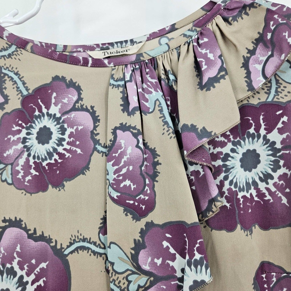 Tucker Shift Dress Purple Tan Floral Print Silk Ruffled Half Sleeve Midi Size S - Picture 4 of 7